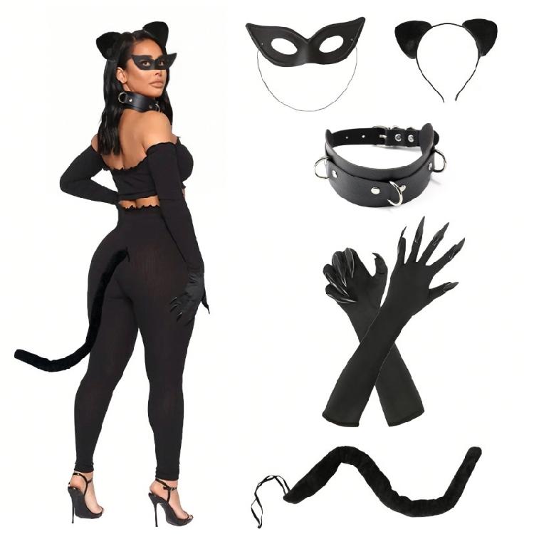 Black Cats Costumes for Women Cats Ears Headband Tail Paws Gloves Collar Mask Halloween Costume Accessories Adult Kids