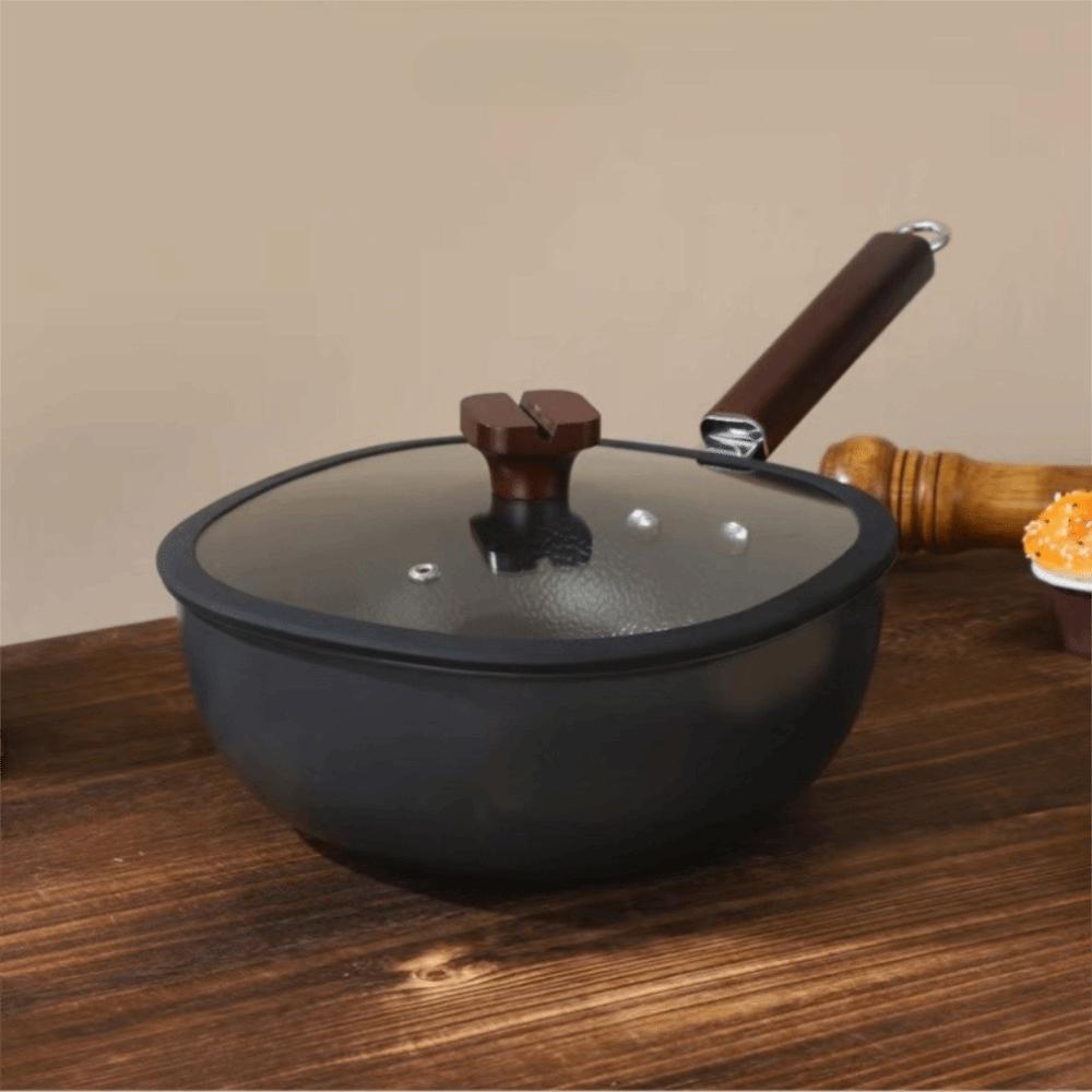 Refined Iron Stir Fry Pot Wood Handle Nonstick Pan Cookware Square Frying Pan  Chef