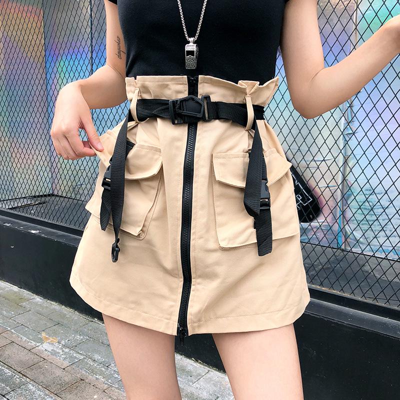 

Korean College Style High-Waist Cotton A-line Workwear Skirt with Zipper and Pockets Small чёрный