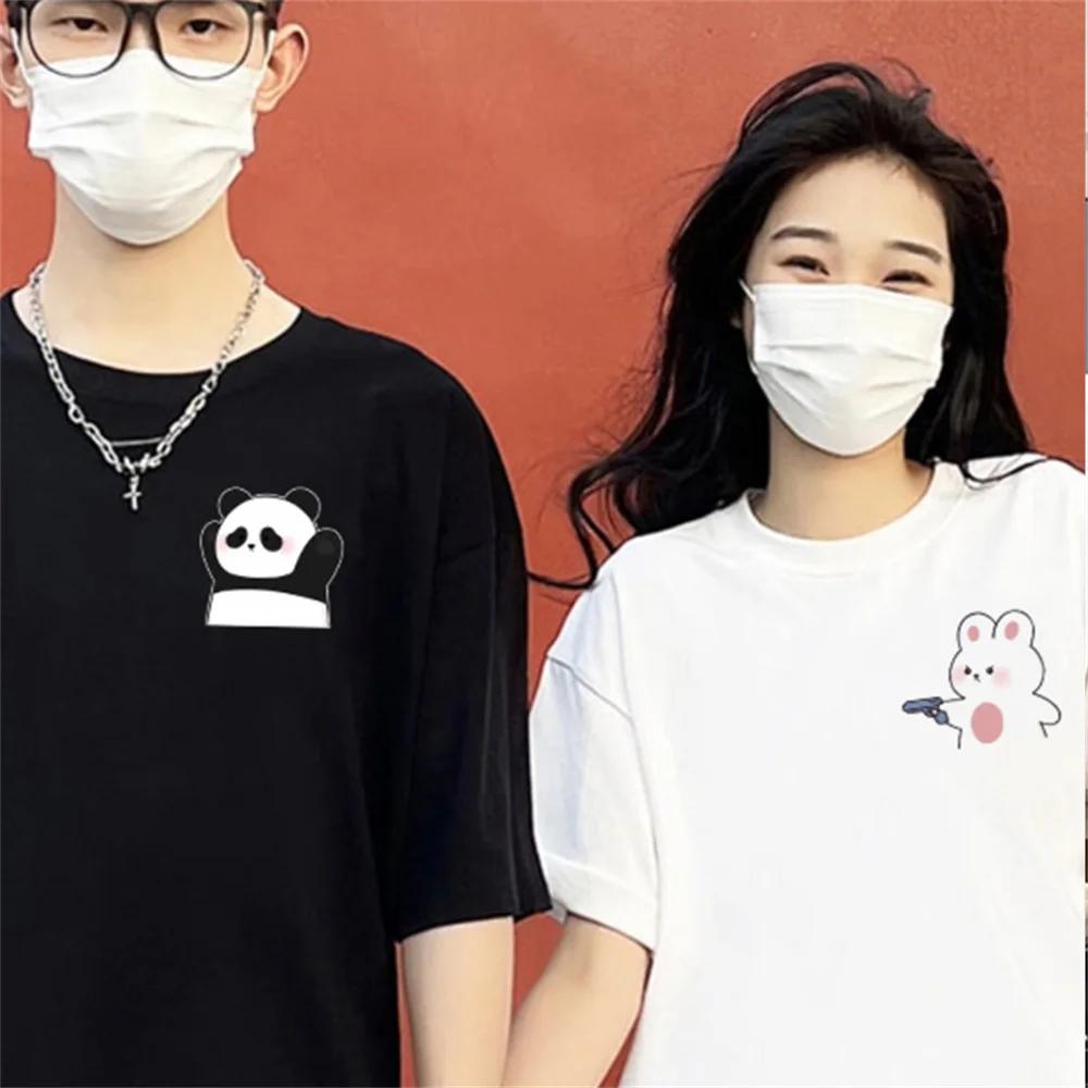 Interesting Cartoon Surrender Panda Print Matching Men Women T-shirt Casual Short Sleeve Tshirt for Couple Clothes