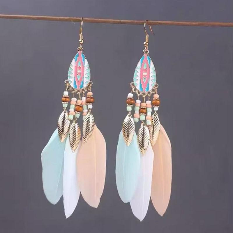 Vintage Lange Feder-Hängeohrringe für Damen Böhmischer Schmuck