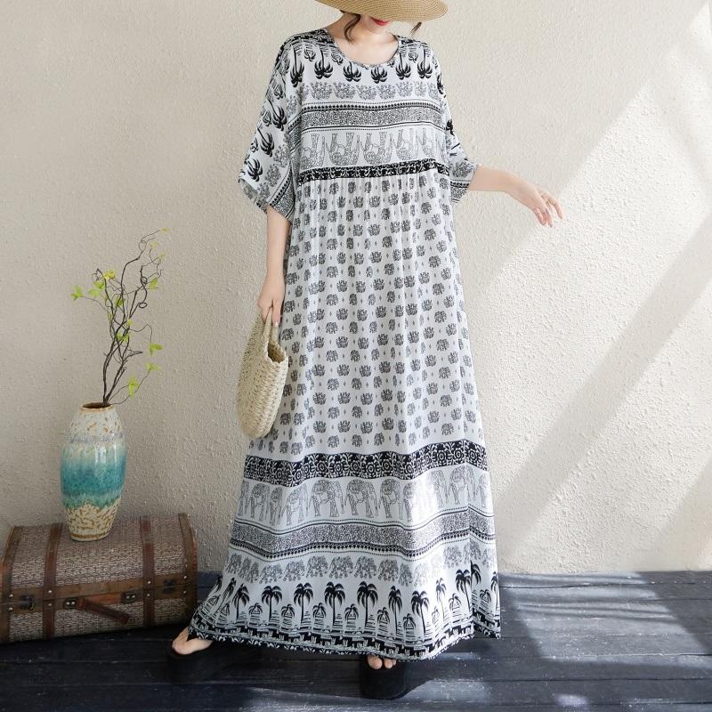 Kortermet Plus size bomull vintage floral nytt i kjoler for kvinner uformell løs lang sommerkjole