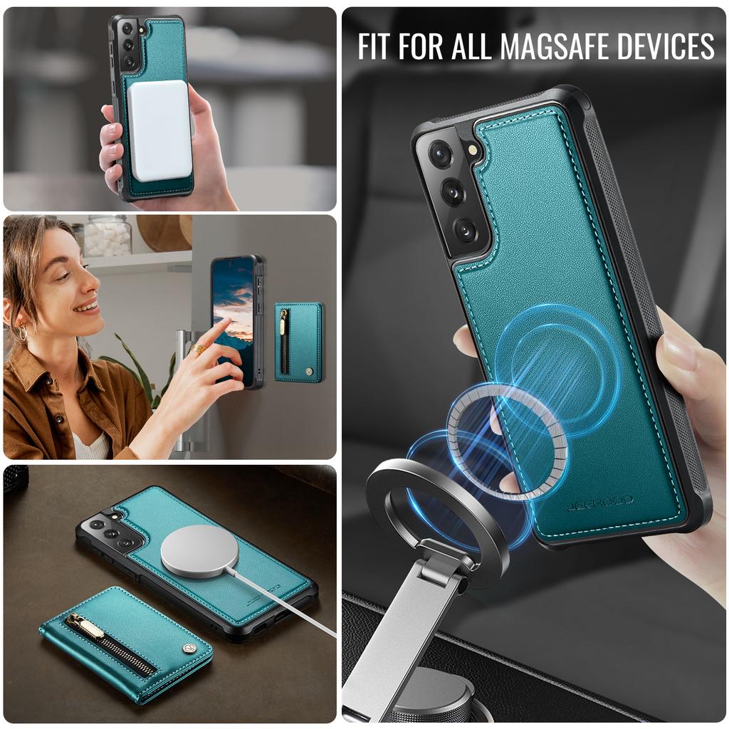 For Samsung Galaxy S21 5G Case JEEHOOD J12 Magnetic Detachable Zipper Wallet Kickstand Leather Back Cover Magnetic Case
