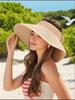 Womens Beige Straw Sun Hat With Bow Decor Foldable Beach Hat UV Protection Adjustable Size