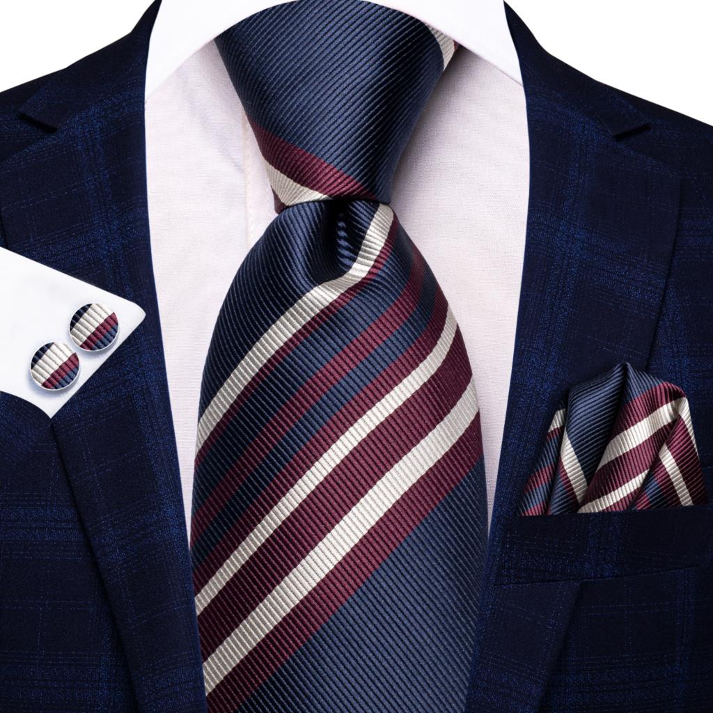 Hi-Tie Navy Blue Striped Silk Wedding Tie For Men Fashion Design Gift Men Necktie Hanky Cufflink Set Business Party Dropshiping
