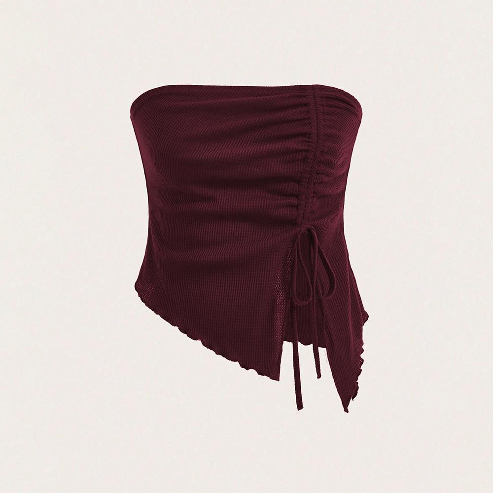 Women's Winter Drawstring Slit Irregular Waffle Style Slim Fit Strapless Vest Top