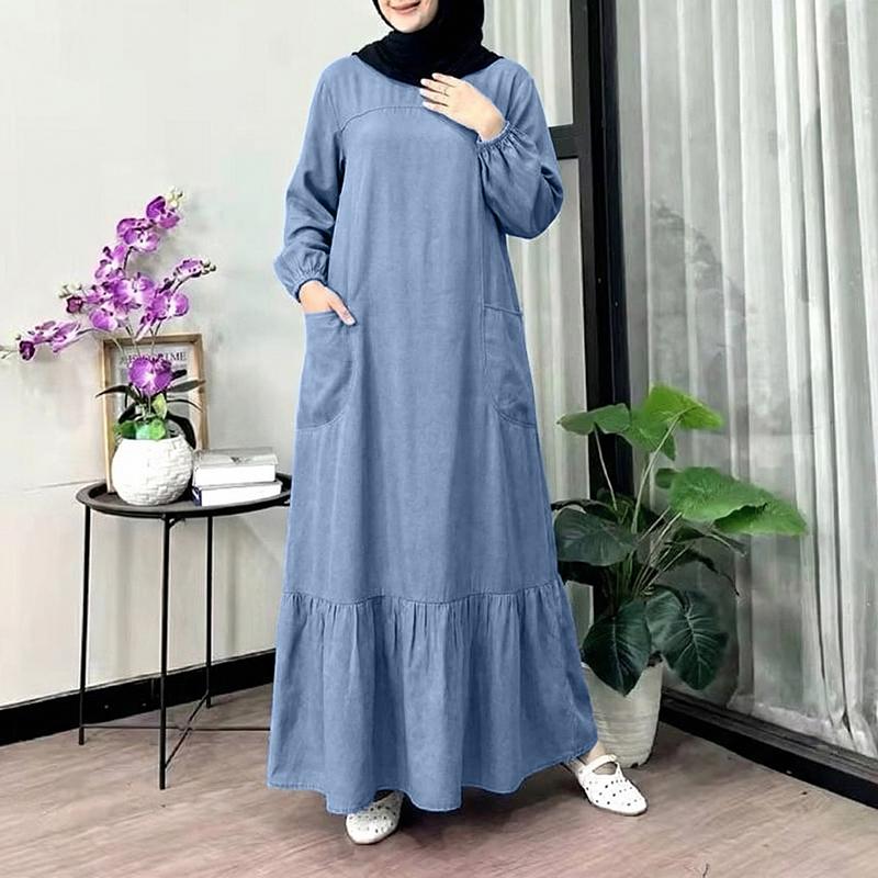 

ZANZEA Women Casual Round Neck Elastic Waist Cuff Long Sleeve Retro Dress 3XL