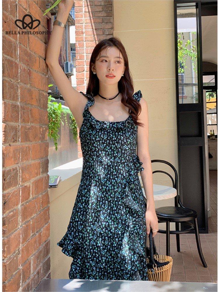 

Новое летнее элегантное шифоновое платье с цветочным принтом во французском стиле для женщин XL синий