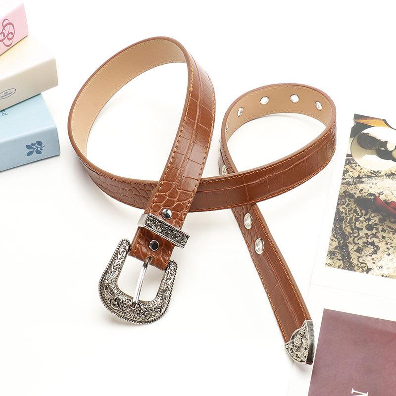 Heavy Industry Carved Alloy Three Piece Set Women's Belt Versatile Jeans Belt Retro Style Stone Patterned Belt for Women