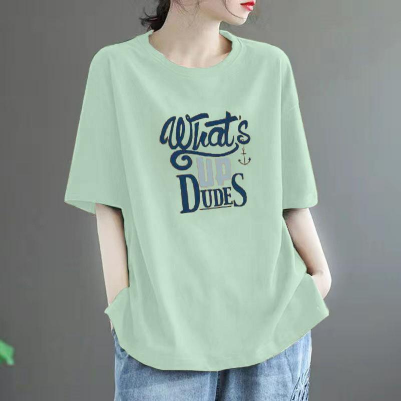 Cotton Short-sleeved T-shirt Women's Summer Loose Large Size All-match Western Casual Printed Top Trend