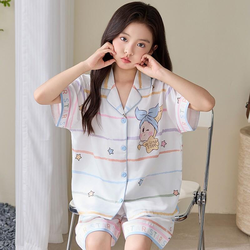 Girls Ice Silk Pajama Set Short Sleeve Cartoon Print Sleepwear 8-14 Years Old Kids