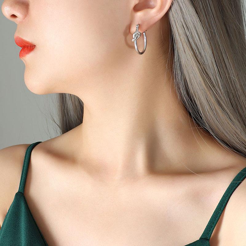 Hong Kong Style 18K Gold-Plated Titanium Slimming Knotted Hoop Earrings for Women