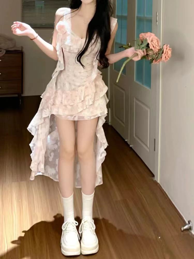 Pure desire sweet short skirt spring and summer waist thin design sense lace splicing irregular floral suspender dress women