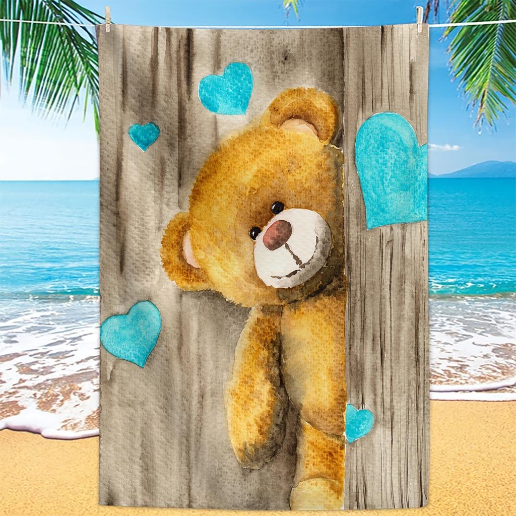 1pz Telo Mare con Fantasia Orsetti e Cuori, Moderno Telo da Bagno Grande in Microfibra, Morbido Asciugatura Rapida Assorbente per Vacanze Estive al Mare