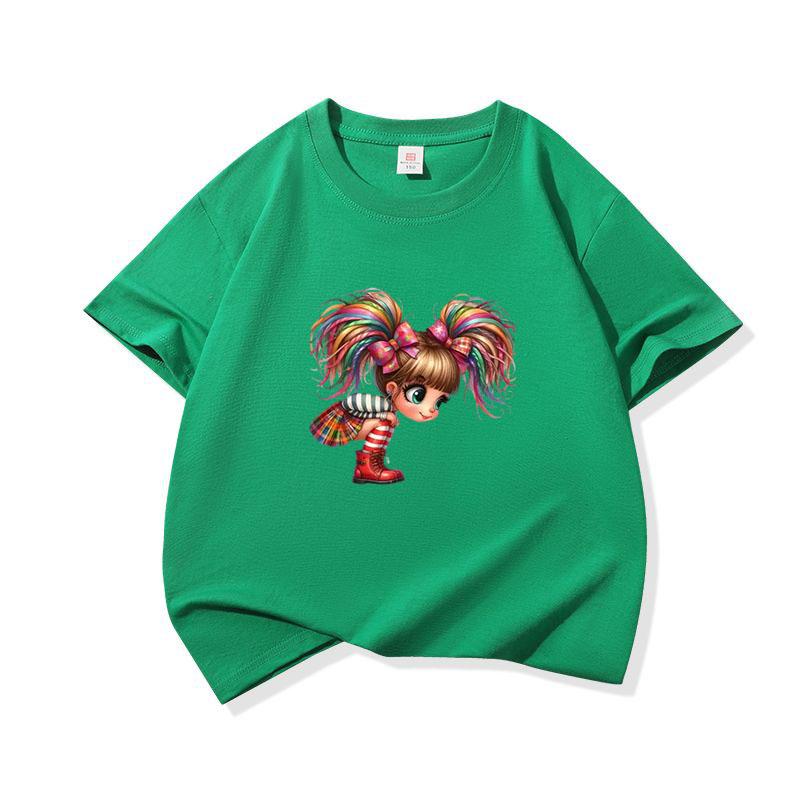 Kids Cotton T Shirt Rainbow Hair Girl Wear Plaid Skirt Print Crew Neck Short Sleeve Tee Casual Boys Girls Summer Tops