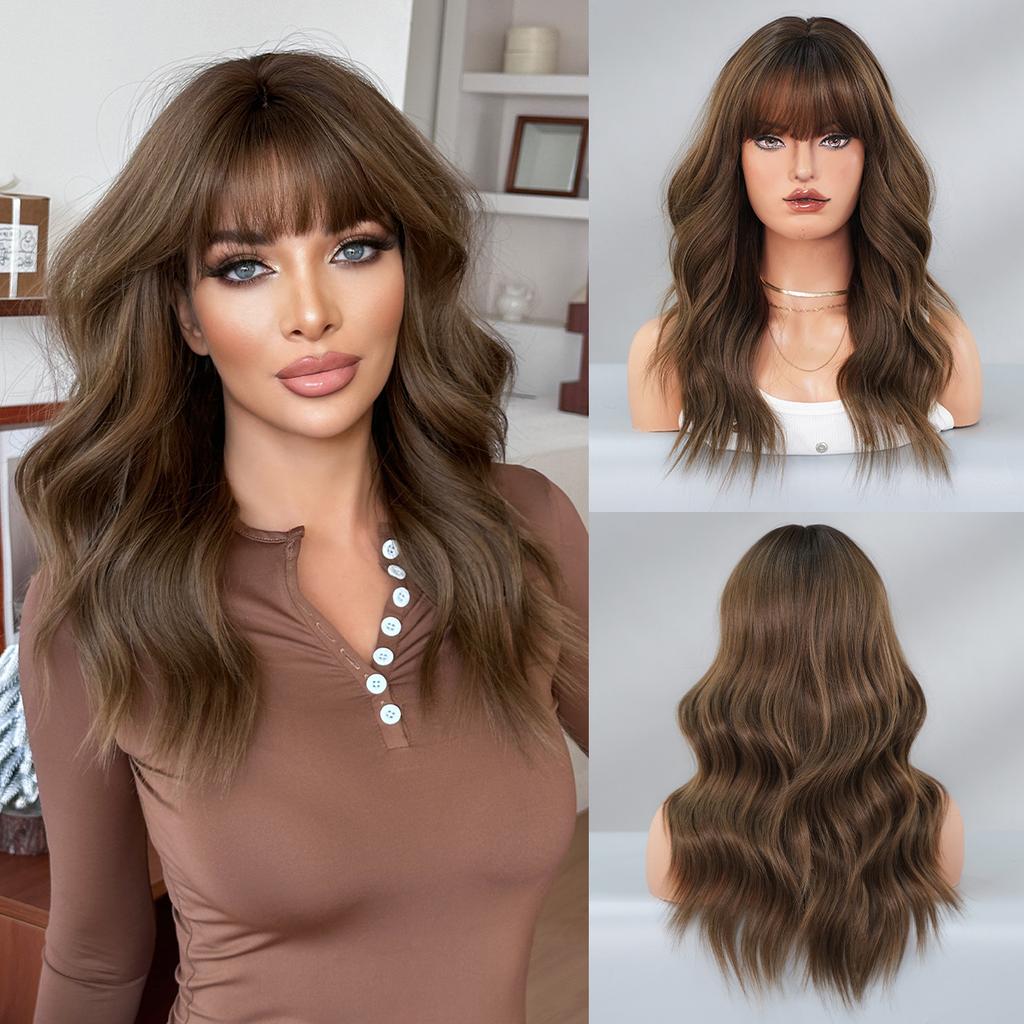 Perucă 2025 Nouă Europeană Americană Maro Gradient Medie Lungă Ondulată - Breton Complet cu Design Păr Înrădăcinat, Stil Natural Full Cap, 5 Culori Disponibile