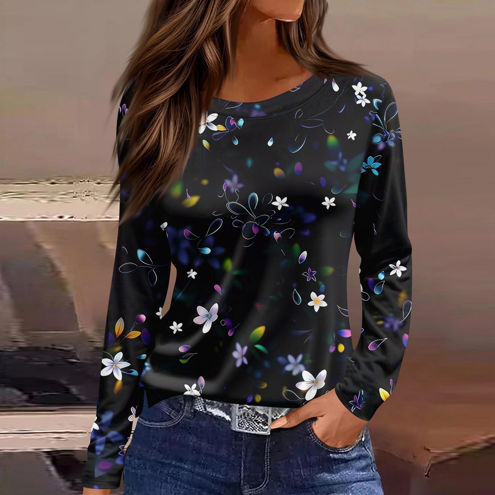 

Женская модная повседневная свободная футболка с принтом и круглым вырезом с разрезом и длинным рукавом, женский топ S чёрный