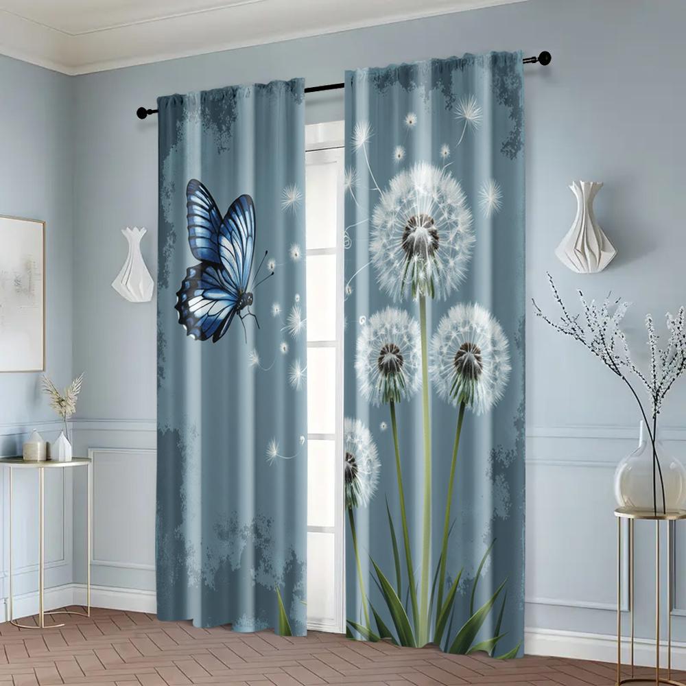 Set Of 2 Fashionable Curtains Depicting Sky Blue Gray Dandelions Butterflies Fabric Without Rod Gifts Perfect Bedroom Curtain For Decor Made Polyester