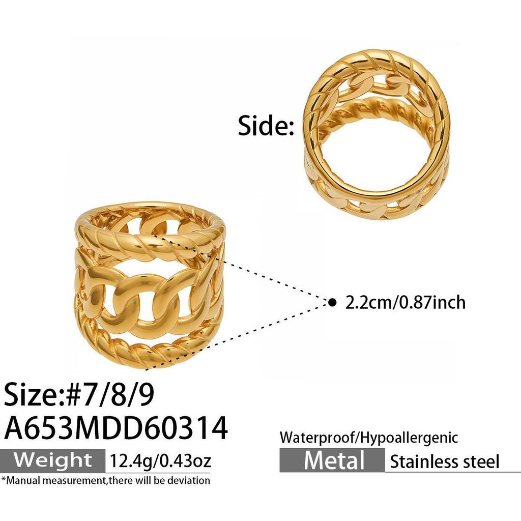 18K Gold Plated Stainless Steel Hollow Ring – Exaggerated Design, Fashionable, Versatile European & American Jewelry