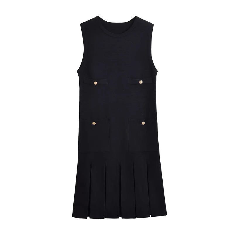 

Summer New Product Women s Clothes American Pleated Decorative Sleeveless round Neck Knitting Mini Short Dress 3859025 Black L