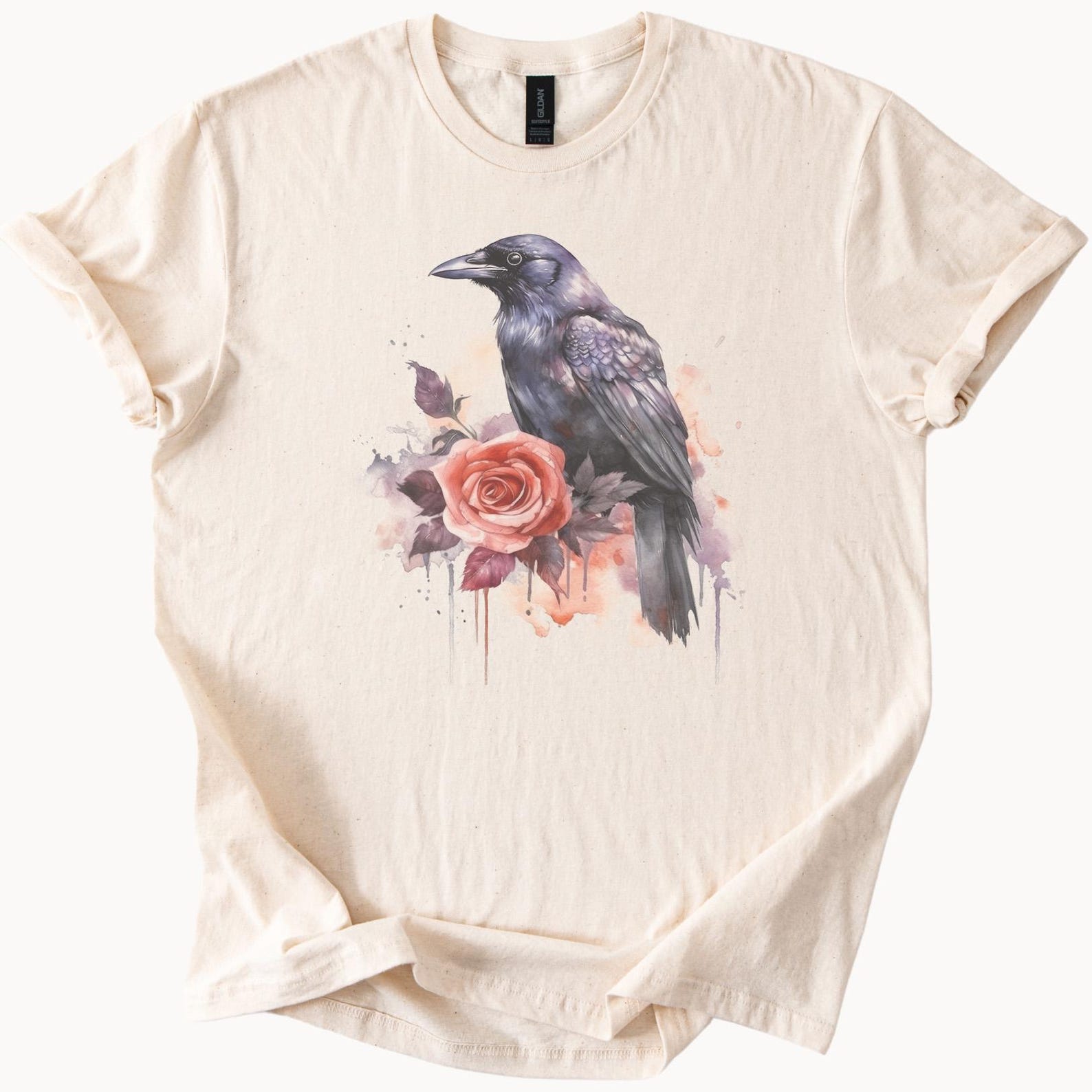 Raven and Rose Graphic Tee Watercolor Bird and Flower Shirt Nature Art T Shirt Unique Crow Floral Design Aesthetic Apparel 130