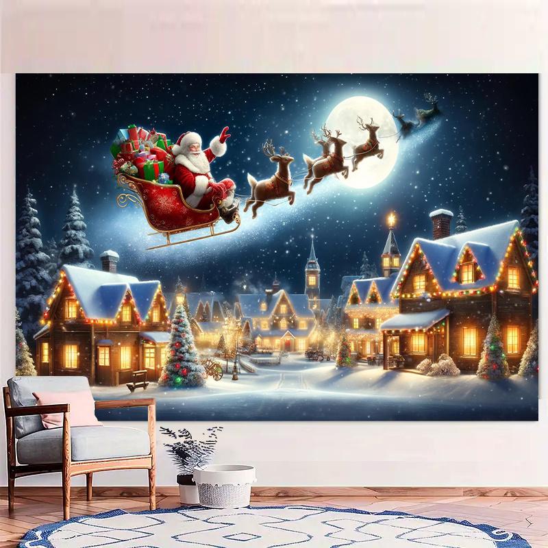1pc Holiday Party Christmas Background Banner - Santa Claus Sleigh Scene, Holiday Party, Family and Garden Decoration