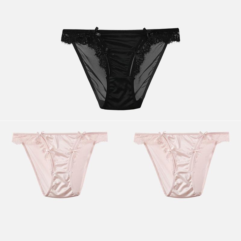 CINOON 3Pcs/Lot Women's Satin Sexy Briefs Lace‑Trim Mesh Spliced Panties Bow‑decor Solid‑Color Hollow‑out Bikini Briefs