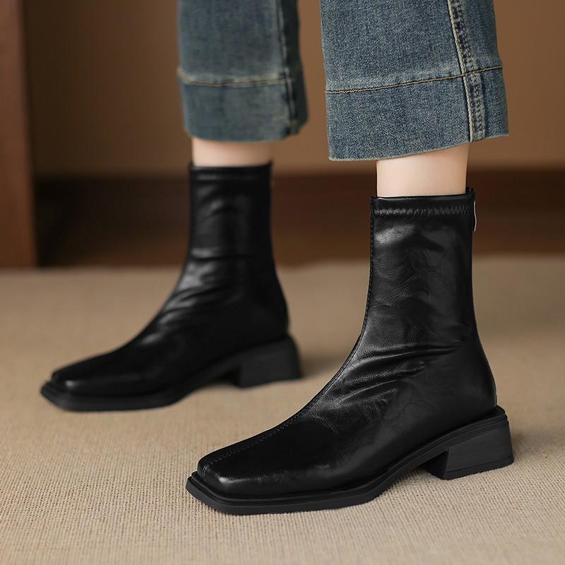 Retro Simple Square Head Rear Zipper High Thick Heel Short Tube Fashion Short Boots Children's New Autumn Black Brown