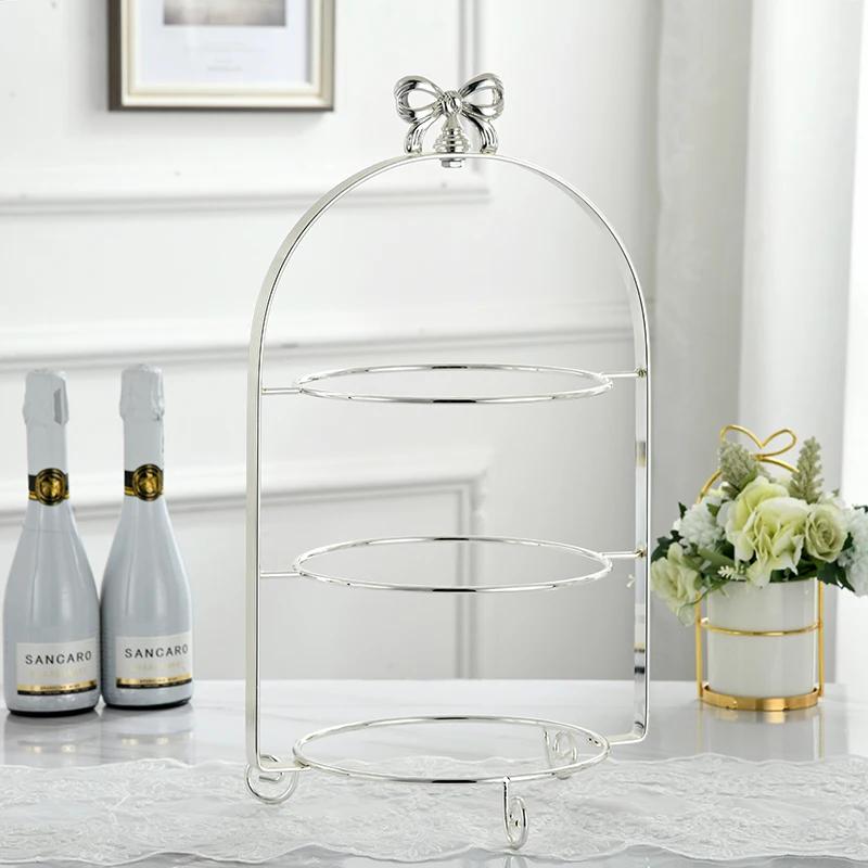 Single Layer Two Layers Three Layers Bow Metal Cake Stand Gold Silver Round Pearl Dessert Cake Pan Fruit Tray Display Stand