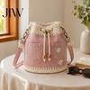 Stylish Commuter Handbag for Travel Denim Crochet Bucket Bag, Crossbody Bag with Daisy Embroidery, Boho Purse Drawstring Shoulder Women