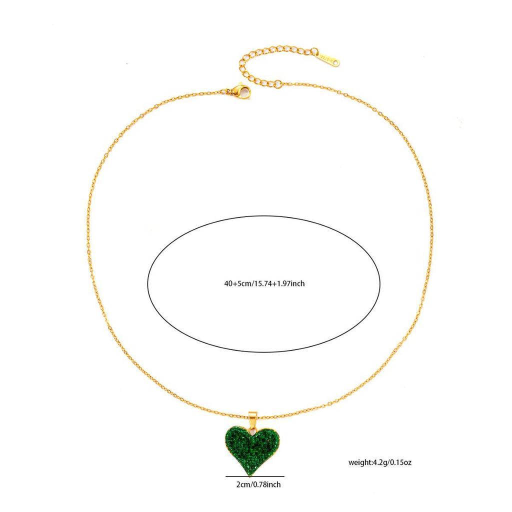 Versatile Green Diamond Heart Chain Necklace - European & American Fashion