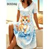 Women 3D Cats Print Dress Fashion 2026 Funny Kawaii V-Neck Home Dress Female Clothing Plus Size Summer Casual Short Sleeve Dress
