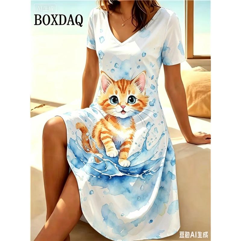 Women 3D Cats Print Dress Fashion 2026 Funny Kawaii V-Neck Home Dress Female Clothing Plus Size Summer Casual Short Sleeve Dress