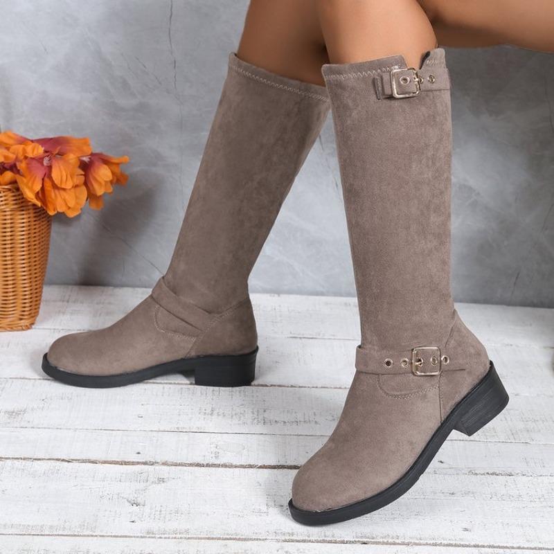 

French Vintage Tall Boots Winter New Round Toe Suede Buckle Soft Sole Non-slip Block Heel Boots 43 світло-сірого кольору