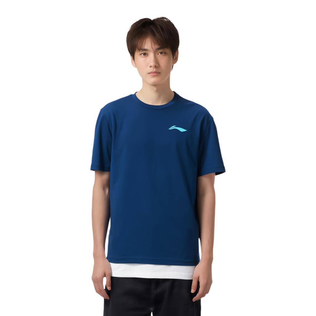 Li Ning Badminton Collection T Shirts Unisex Navy Crew Neck Moderate Straight Fit AHST347-4