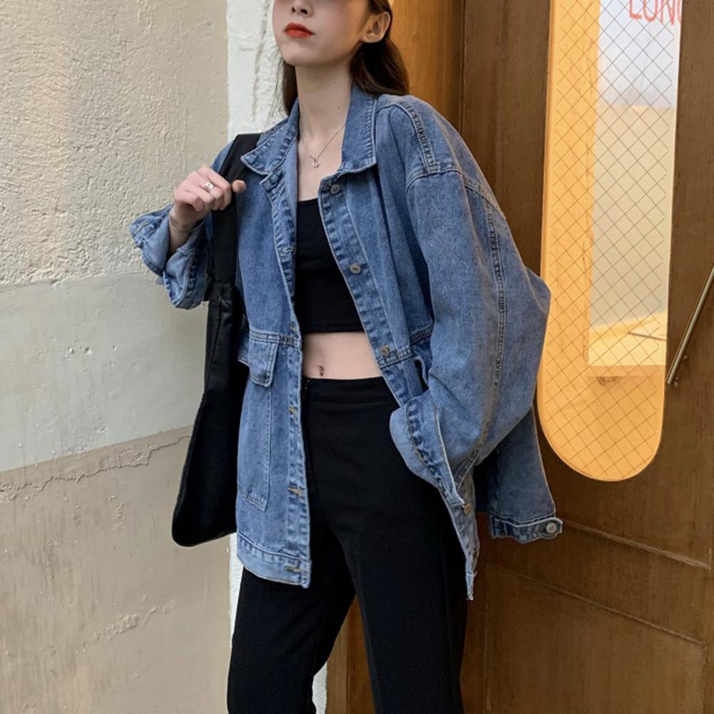 Women Jacket Washed Denim Single-breasted Cardigan Buttons Long Sleeves Turn-down Collar Women Coat Female Clothes