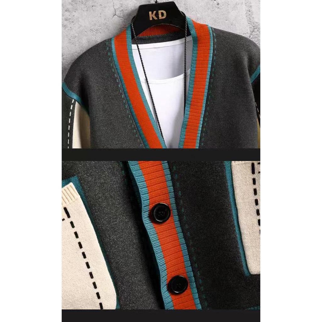 Men's Trendy Color Block V-neck Knit Cardigan - Korean Style Autumn/Winter Sweater Coat