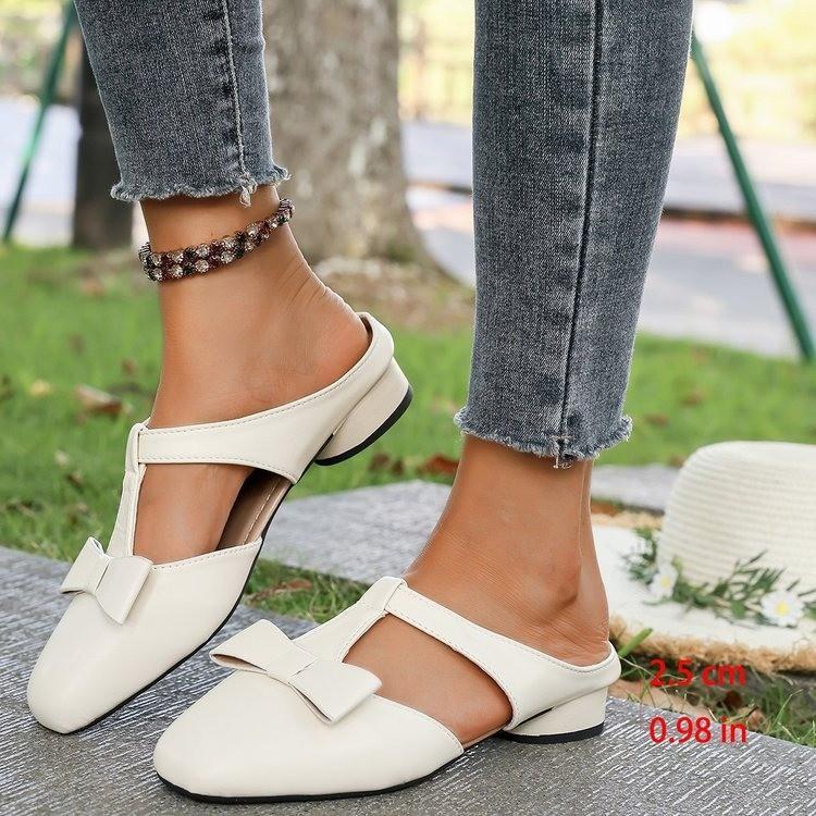 Fashion Baotou Half Slippers Women's Summer New Square Toe Shallow Mouth Bow Low Heel Block Heel Slip-on Wear-resistant Slippers
