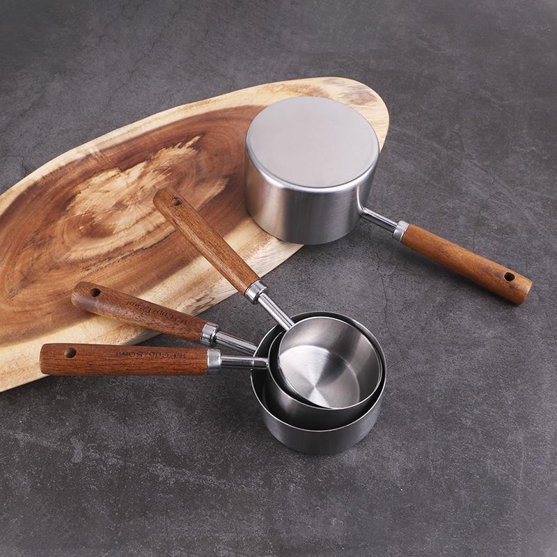 8-Piece Stainless Steel Measuring Cups & Spoons Set with Acacia Wood Handles for Baking & Coffee Seasoning