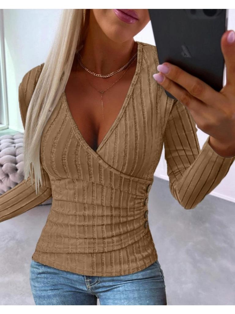 V-neck Knitting  Long Sleeve Women T-shirt Solid Color SweaterTops Fashionable Lady Button Blouse