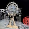 Handmade Blue Crane Dance Hanfu Fan: Long Handle Wedding Bride Round Fan