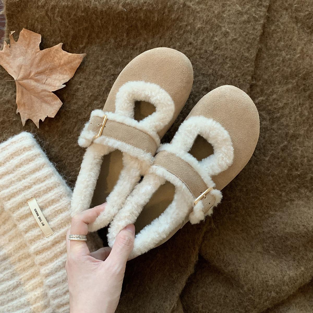 

Cowhide~ grape ma same round head with small low heel light mouth cotton shoes fluffy and velvet Mary Jane shoes women s winter 35