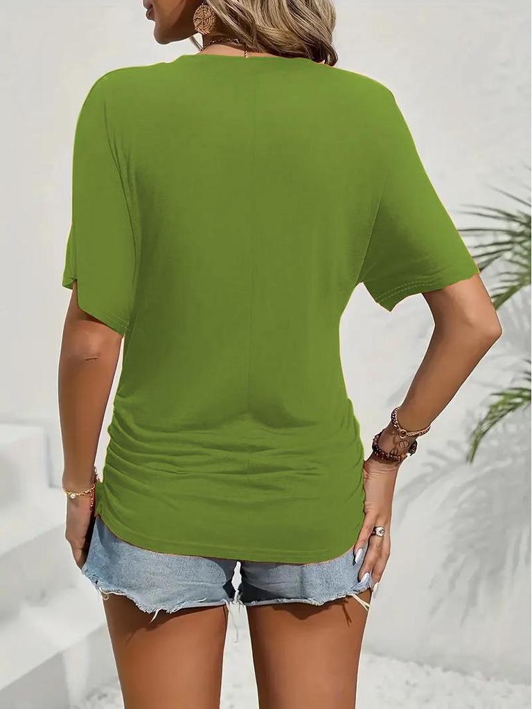 2025 Women's Casual Solid Color Waist-Cinching Short-Sleeve Round Neck T-Shirt