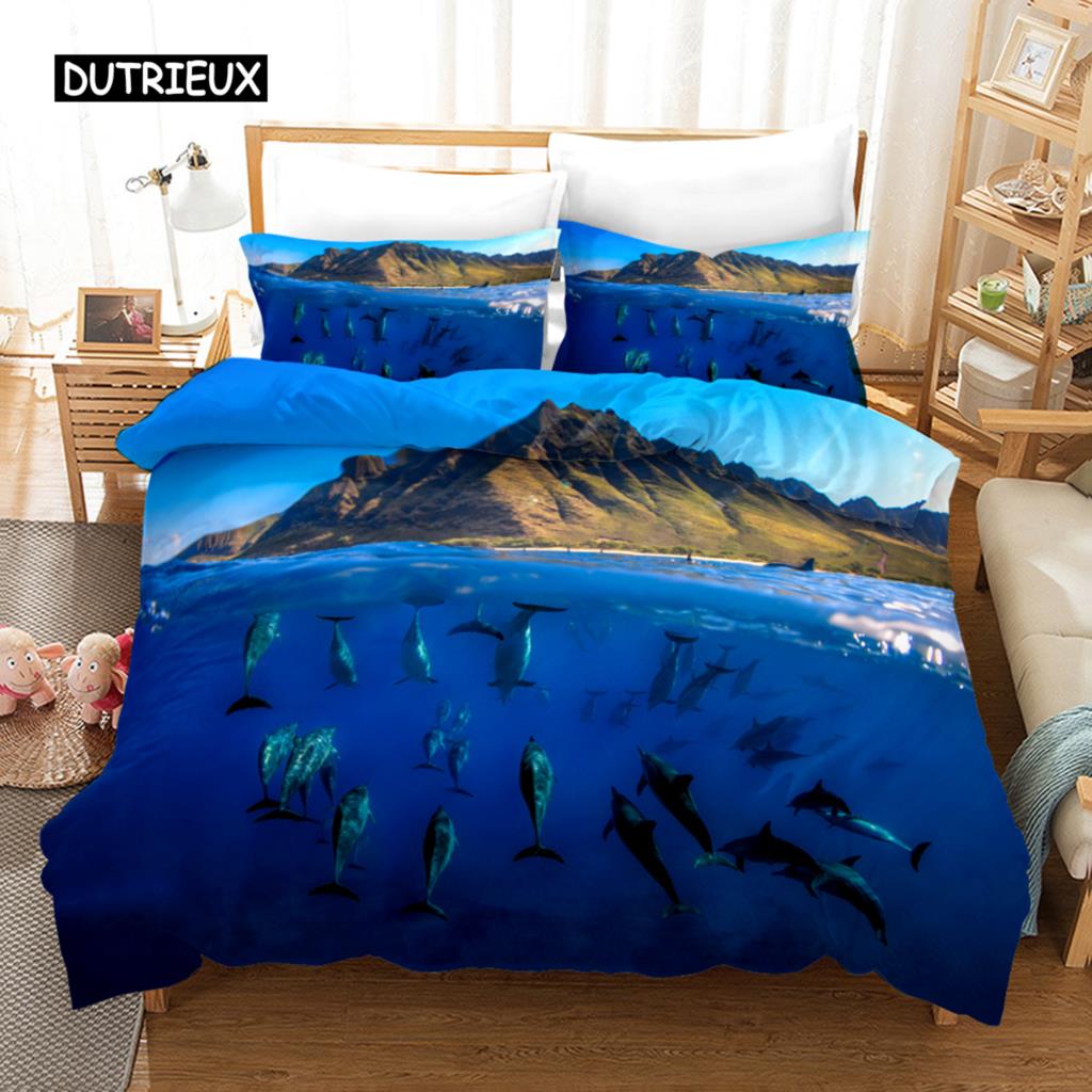 

Комплект постельного белья с дельфинами, комплект постельного белья с 3D-принтом «Прыгающие дельфины», полиэстер, тема морских животных для подростков, двуспальное одеяло размера «king-size» EU single(135x200cm)