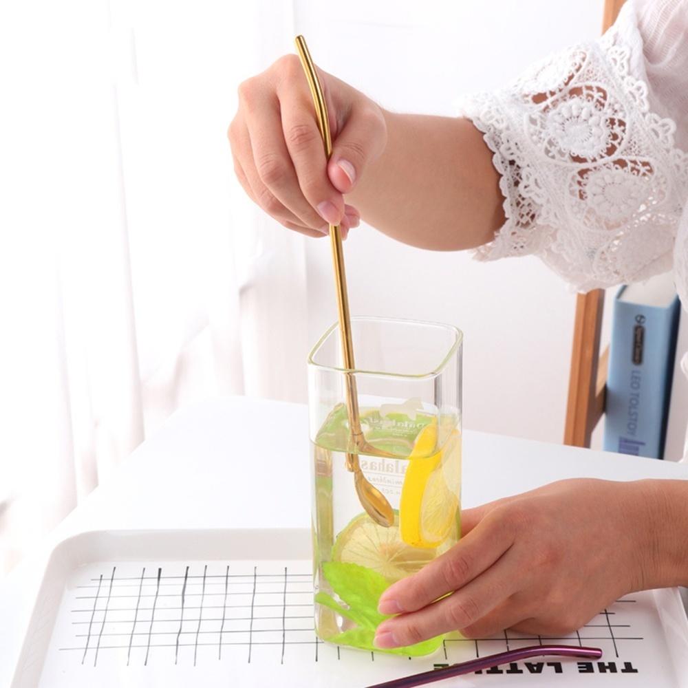 Reusable Bar Tea Party Drinking Straw Bent Filter 2 In 1 Stainless Steel Coffee Spoon