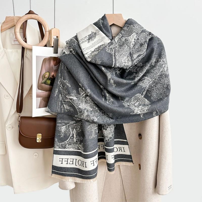 Premium Double-Sided Jacquard Houndstooth Scarf Wrap Women Winter Fall Warm Cotton Blend Shawl 185x70cm