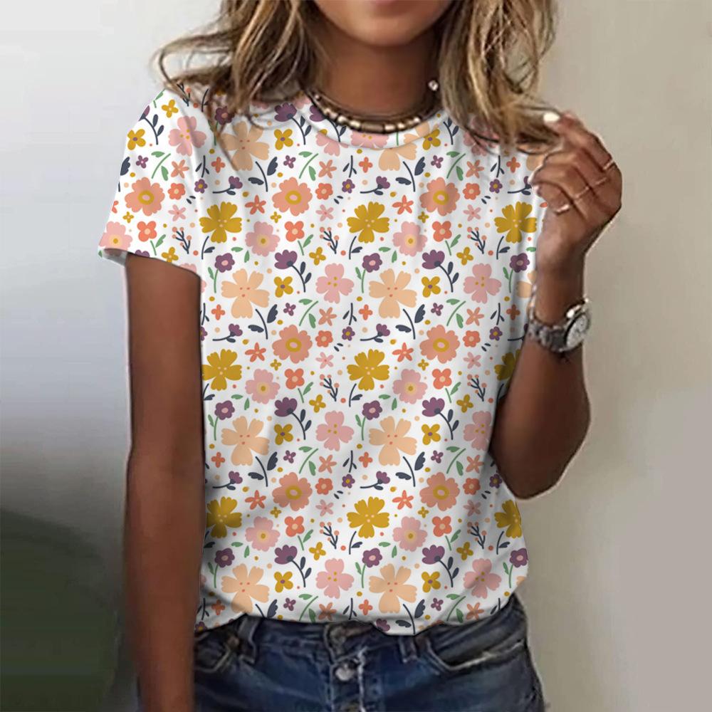 Women's T-shirt 3D digital printed women's round neck top with colorful floral print