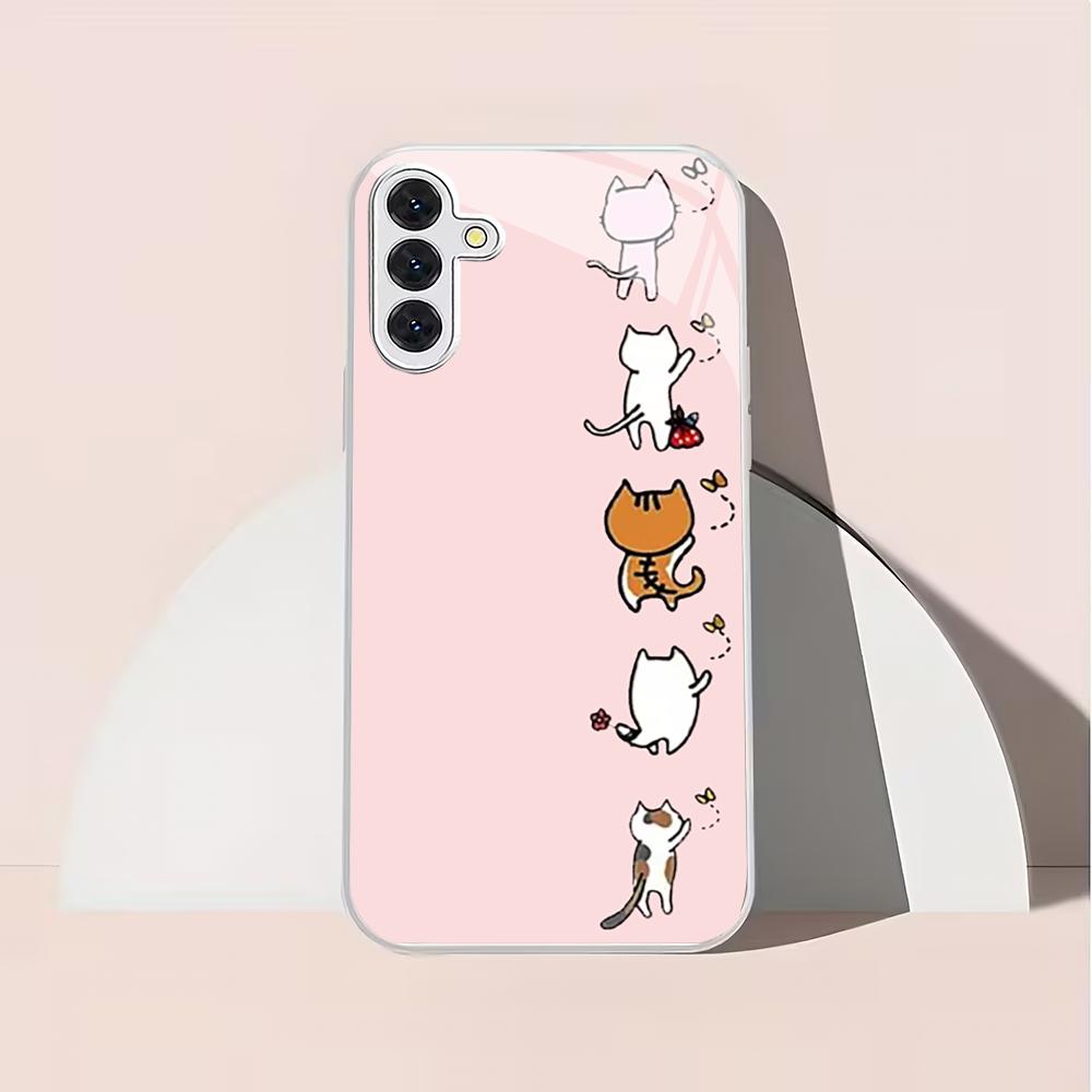Cute Cat Silver Plated Glass Phone Case Suitable for Samsung Galaxy S26 S25 S24 S22 S21 S20 FE/Ultra/Plus Anti Fall Back Cover