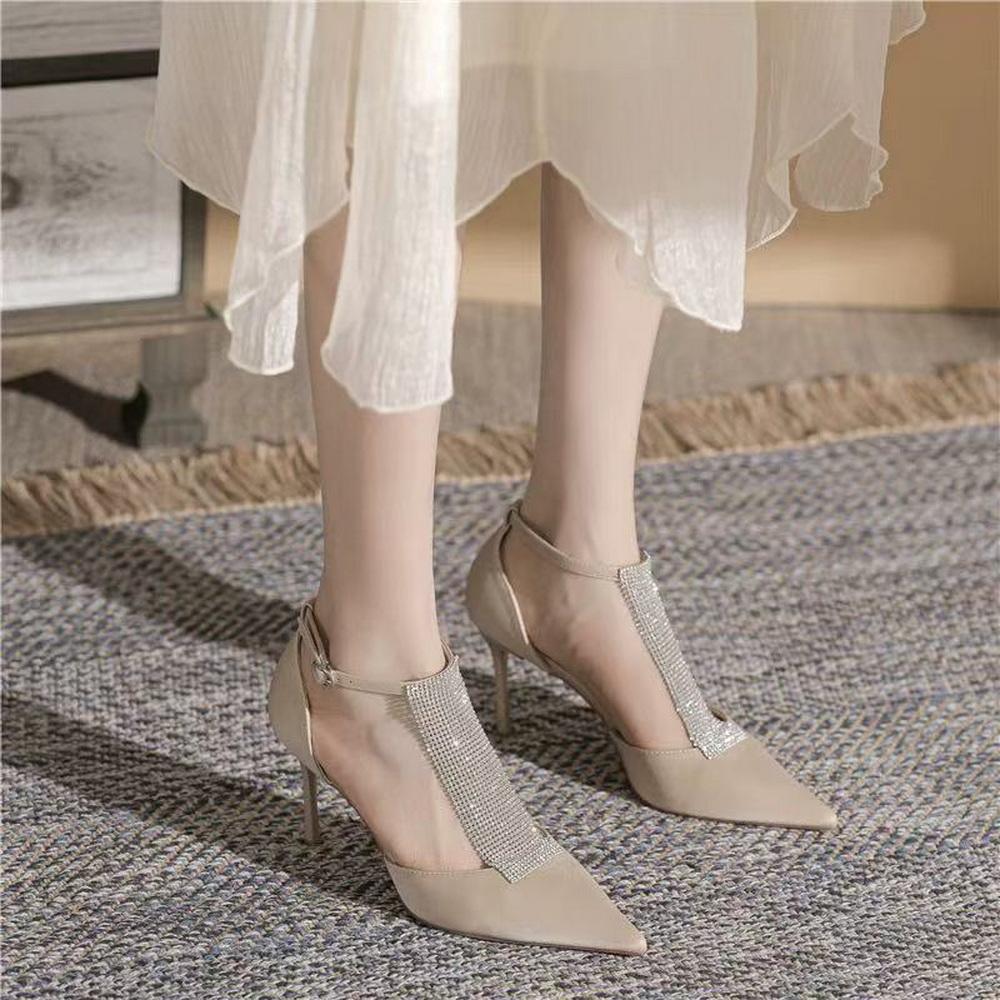 

Fashion FHC 2025 New Women Pointy Toe Sandals,Summer High Heels,Sexy Rhinestone Chain Shoes,Ankle Buckle Strap,Black,Beige,Dropship 34 абрикосовый