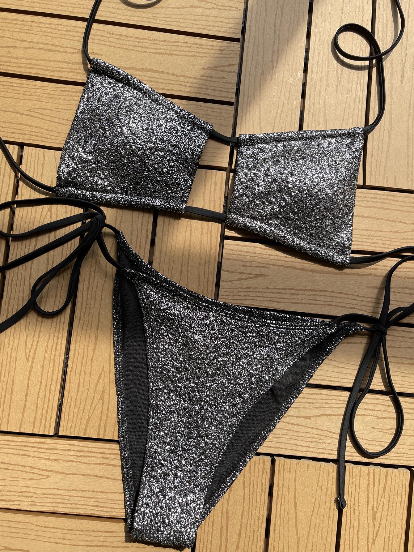 

Микробикини, блестящий сексуальный комплект бикини, стринги, бразильский женский купальник, ажурный купальник, купальный костюм, пляжная одежда L чёрный